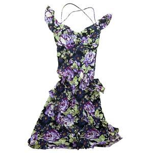 Nicole Miller 100% Silk Black and Purple Floral Beaded Midi Dress Size 6